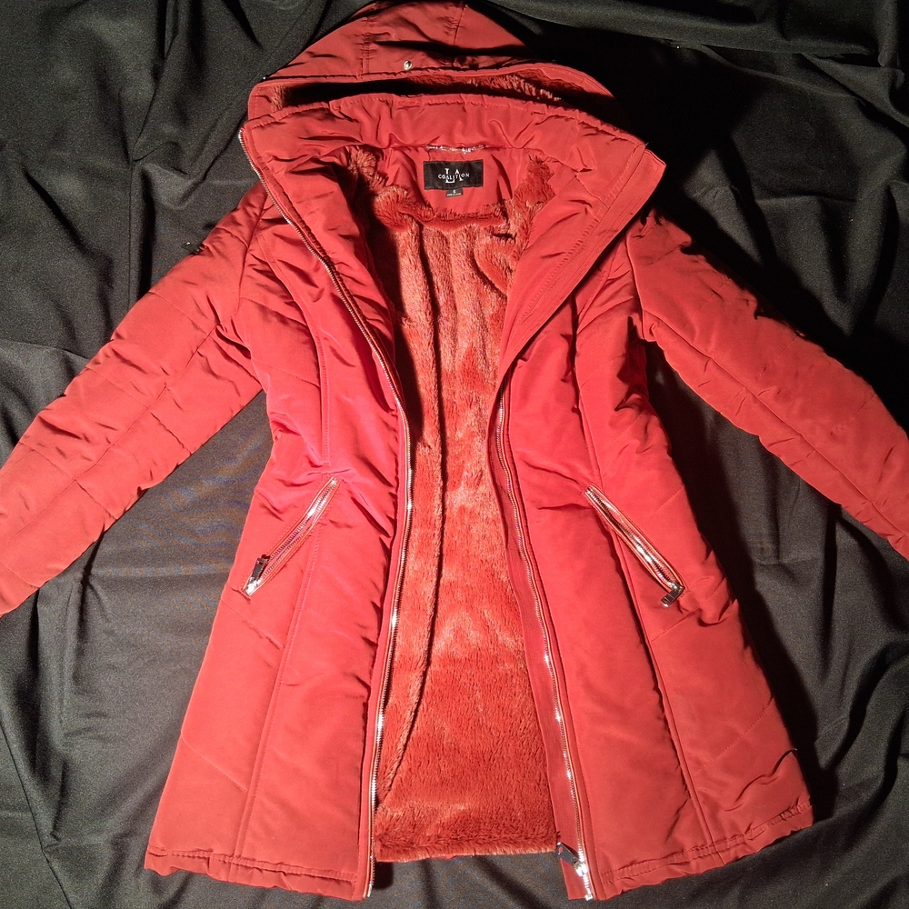 Collection B Red Puffer Jacket with Hood and Quilted Texture